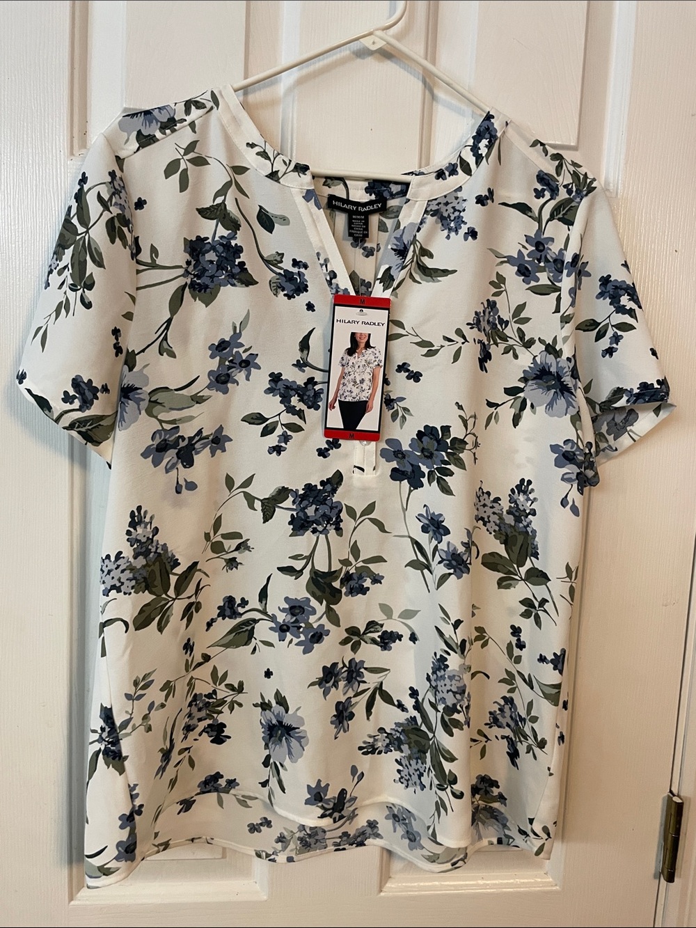 Hilary Radley White Floral Short Sleeve Top with Blue & Green Print